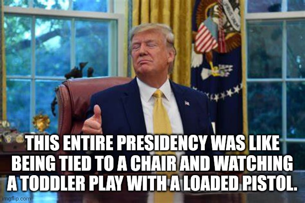 45 presidency | THIS ENTIRE PRESIDENCY WAS LIKE
BEING TIED TO A CHAIR AND WATCHING
A TODDLER PLAY WITH A LOADED PISTOL. | image tagged in nevertrump,president,baby trump | made w/ Imgflip meme maker