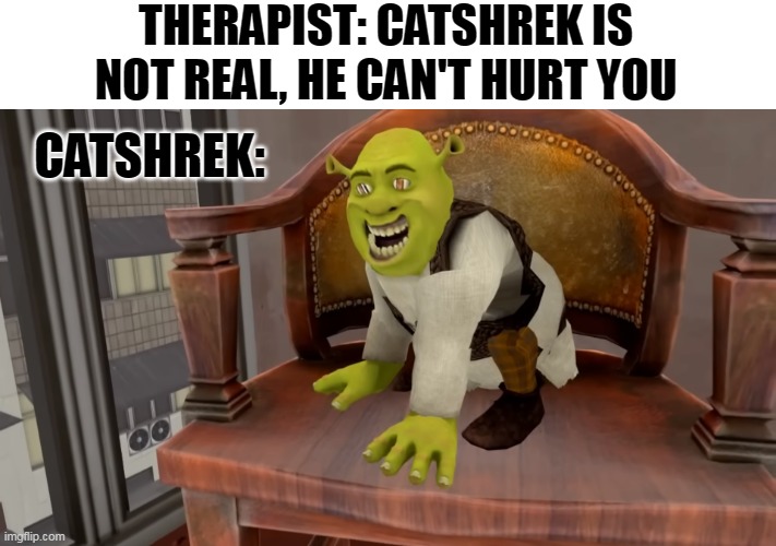 Imagine receiving nightmares from Furry Shrek | THERAPIST: CATSHREK IS NOT REAL, HE CAN'T HURT YOU; CATSHREK: | image tagged in shrek cat,shrek screaming,shrek running,shrek,furries,unprofessional therapist | made w/ Imgflip meme maker