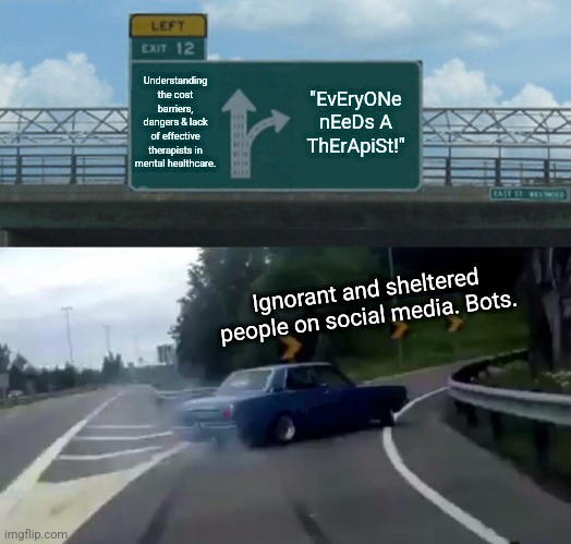 Left Exit 12 Off Ramp Meme | Understanding the cost barriers, dangers & lack of effective therapists in mental healthcare. "EvEryONe nEeDs A ThErApiSt!"; Ignorant and sheltered people on social media. Bots. | image tagged in memes,left exit 12 off ramp | made w/ Imgflip meme maker