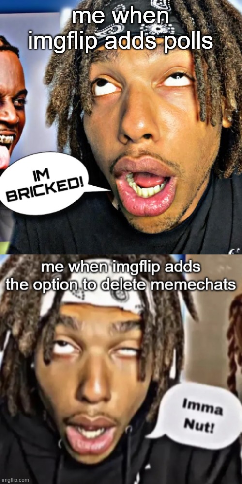 numero one | me when imgflip adds polls | image tagged in im bricked,i will literally orgasm if imgflip adds memechat deleting | made w/ Imgflip meme maker