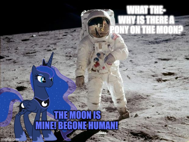 Moon landing | WHAT THE- WHY IS THERE A PONY ON THE MOON? THE MOON IS MINE! BEGONE HUMAN! | image tagged in princess luna,moon landing,astronaut | made w/ Imgflip meme maker