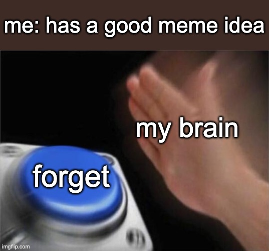 lol | me: has a good meme idea; my brain; forget | image tagged in memes,blank nut button | made w/ Imgflip meme maker