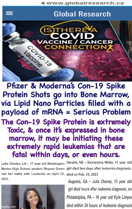 The kids didn’t deserve this, nor their parents’ deadly worldview | Pfizer & Moderna’s Con-19 Spike
Protein Shots go into Bone Marrow,
via Lipid Nano Particles filled with a
payload of mRNA = Serious Problem; The Con-19 Spike Protein is extremely
Toxic, & once it’s expressed in bone
marrow, it may be initiating these
extremely rapid leukemias that are
fatal within days, or even hours. | image tagged in memes,convax,deadly outcomes from believing lies,sacrificing your own children,no wonder u wanna sacrifice mine | made w/ Imgflip meme maker