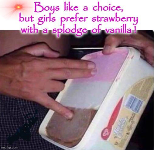 Dessert Choice ! | Boys  like  a  choice,
but  girls  prefer  strawberry
with  a  splodge  of  vanilla ! | image tagged in boys vs girls | made w/ Imgflip meme maker