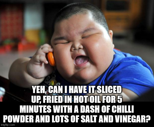 Fat Asian Kid | YEH, CAN I HAVE IT SLICED UP, FRIED IN HOT OIL FOR 5 MINUTES WITH A DASH OF CHILLI POWDER AND LOTS OF SALT AND VINEGAR? | image tagged in fat asian kid | made w/ Imgflip meme maker