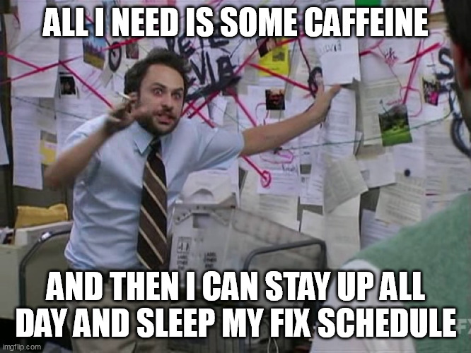 You've tried this before, haven't you? | ALL I NEED IS SOME CAFFEINE; AND THEN I CAN STAY UP ALL DAY AND SLEEP MY FIX SCHEDULE | image tagged in charlie conspiracy always sunny in philidelphia | made w/ Imgflip meme maker