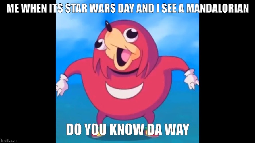 do you know the way | ME WHEN ITS STAR WARS DAY AND I SEE A MANDALORIAN; DO YOU KNOW DA WAY | image tagged in knucles | made w/ Imgflip meme maker