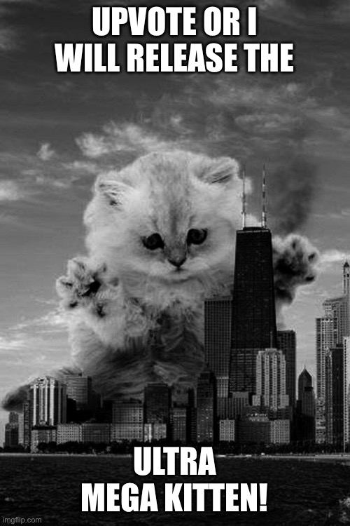 apocalypse kitten cat city | UPVOTE OR I WILL RELEASE THE; ULTRA MEGA KITTEN! | image tagged in apocalypse kitten cat city | made w/ Imgflip meme maker