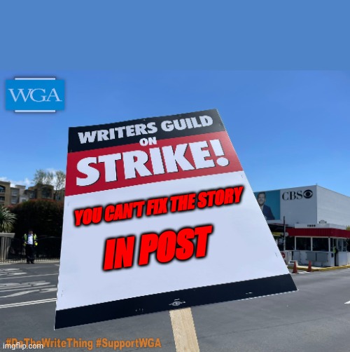 Cant fix the story in POST | YOU CAN'T FIX THE STORY; IN POST | image tagged in wga on strike | made w/ Imgflip meme maker