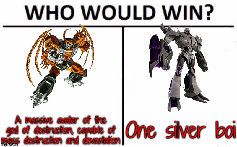 Who Would Win? Meme | A massive avatar of the god of destruction, capable of mass destruction and devastation One silver boi | image tagged in memes,who would win | made w/ Imgflip meme maker