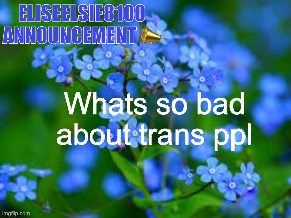 EliseElsie8100 Announcement | Whats so bad about trans ppl | image tagged in eliseelsie8100 announcement | made w/ Imgflip meme maker