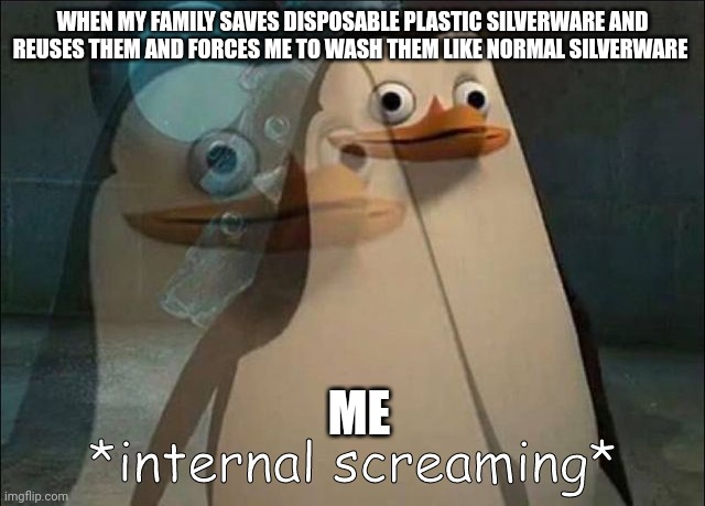 They're disposable for a reason | WHEN MY FAMILY SAVES DISPOSABLE PLASTIC SILVERWARE AND REUSES THEM AND FORCES ME TO WASH THEM LIKE NORMAL SILVERWARE; ME | image tagged in private internal screaming | made w/ Imgflip meme maker