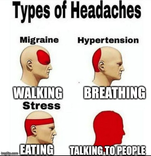 Types of Headaches meme | BREATHING; WALKING; EATING; TALKING TO PEOPLE | image tagged in types of headaches meme | made w/ Imgflip meme maker