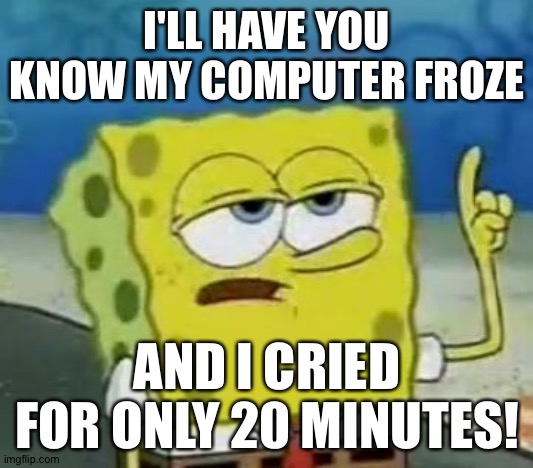 I'll Have You Know Spongebob | I'LL HAVE YOU KNOW MY COMPUTER FROZE; AND I CRIED FOR ONLY 20 MINUTES! | image tagged in memes,i'll have you know spongebob | made w/ Imgflip meme maker