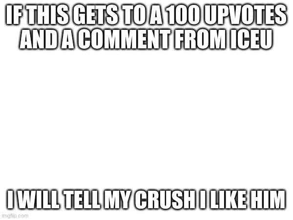 Pls don't | IF THIS GETS TO A 100 UPVOTES
AND A COMMENT FROM ICEU; I WILL TELL MY CRUSH I LIKE HIM | image tagged in funny,crush | made w/ Imgflip meme maker