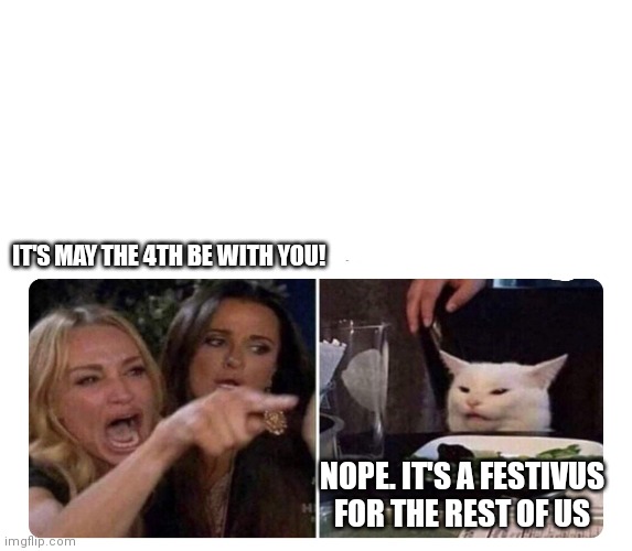 Housewives cat | IT'S MAY THE 4TH BE WITH YOU! NOPE. IT'S A FESTIVUS FOR THE REST OF US | image tagged in housewives cat | made w/ Imgflip meme maker