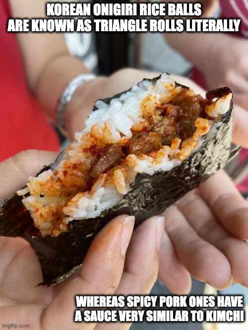 Spicy Pork Triangle Roll | KOREAN ONIGIRI RICE BALLS ARE KNOWN AS TRIANGLE ROLLS LITERALLY; WHEREAS SPICY PORK ONES HAVE A SAUCE VERY SIMILAR TO KIMCHI | image tagged in food,memes | made w/ Imgflip meme maker