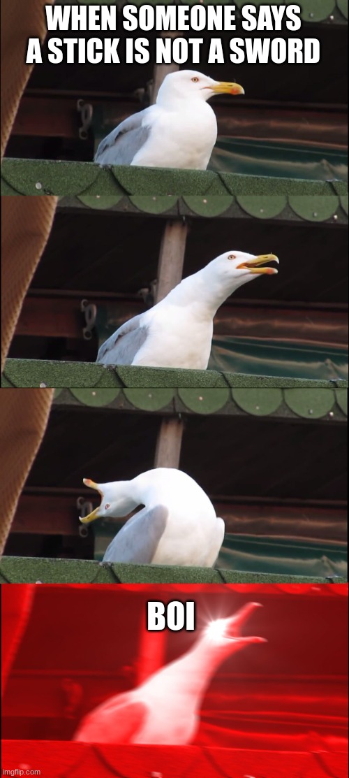 Inhaling Seagull Meme | WHEN SOMEONE SAYS A STICK IS NOT A SWORD; BOI | image tagged in memes,inhaling seagull | made w/ Imgflip meme maker
