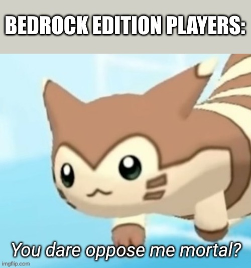 Furret you dare oppose me mortal? | BEDROCK EDITION PLAYERS: | image tagged in furret you dare oppose me mortal | made w/ Imgflip meme maker