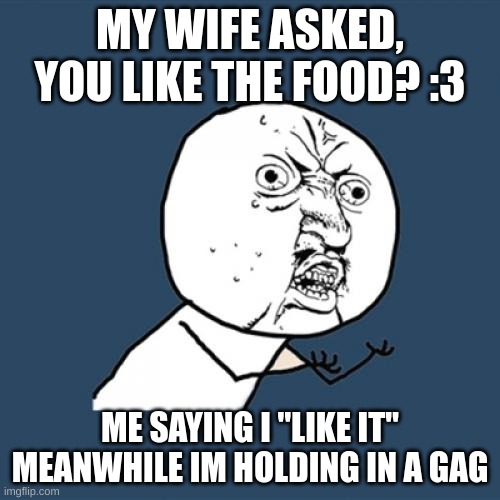please get it to 2 views | MY WIFE ASKED, YOU LIKE THE FOOD? :3; ME SAYING I "LIKE IT" MEANWHILE IM HOLDING IN A GAG | image tagged in memes,y u no | made w/ Imgflip meme maker