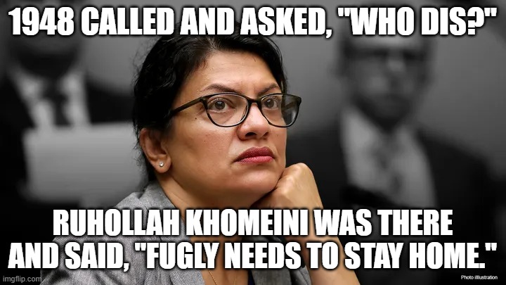 Two Words, Rashida: Fact Checks | 1948 CALLED AND ASKED, "WHO DIS?"; RUHOLLAH KHOMEINI WAS THERE AND SAID, "FUGLY NEEDS TO STAY HOME." | image tagged in fraud squad,demon,progressives,ethnic cleansing | made w/ Imgflip meme maker