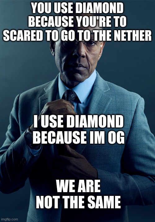 We are not the same | YOU USE DIAMOND BECAUSE YOU'RE TO SCARED TO GO TO THE NETHER; I USE DIAMOND BECAUSE IM OG; WE ARE NOT THE SAME | image tagged in gus fring we are not the same | made w/ Imgflip meme maker