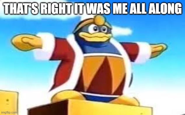 King Dedede Tpose | THAT'S RIGHT IT WAS ME ALL ALONG | image tagged in king dedede tpose | made w/ Imgflip meme maker