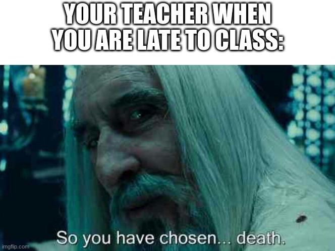 So you have chosen death | YOUR TEACHER WHEN YOU ARE LATE TO CLASS: | image tagged in so you have chosen death | made w/ Imgflip meme maker