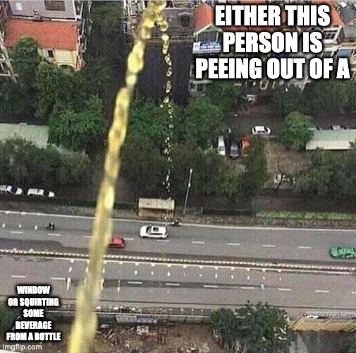 Shooting Liquid From a Building | EITHER THIS PERSON IS PEEING OUT OF A; WINDOW OR SQUIRTING SOME BEVERAGE FROM A BOTTLE | image tagged in image,memes,twitter | made w/ Imgflip meme maker