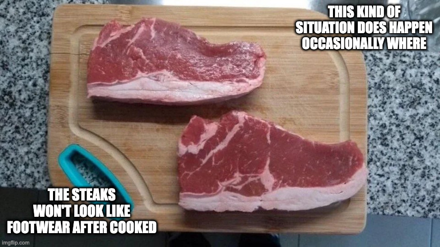 Sneaker-Shaped Steaks | THIS KIND OF SITUATION DOES HAPPEN OCCASIONALLY WHERE; THE STEAKS WON'T LOOK LIKE FOOTWEAR AFTER COOKED | image tagged in steak,memes | made w/ Imgflip meme maker