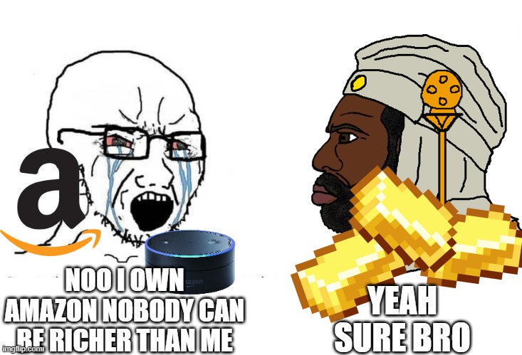 Mansa Musa had a net-worth of about $400 billion | YEAH SURE BRO; NOO I OWN AMAZON NOBODY CAN BE RICHER THAN ME | image tagged in soyboy vs yes chad | made w/ Imgflip meme maker