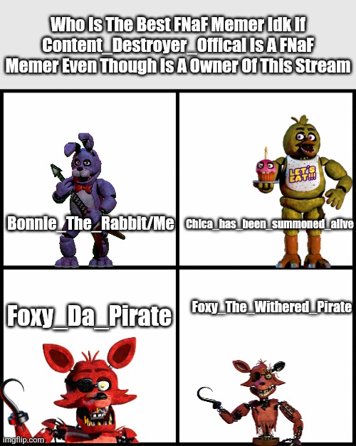 Is He? | Who Is The Best FNaF Memer Idk If Content_Destroyer_Offical Is A FNaF Memer Even Though Is A Owner Of This Stream; Chica_has_been_summoned_alive; Bonnie_The_Rabbit/Me; Foxy_The_Withered_Pirate; Foxy_Da_Pirate | image tagged in fnaf | made w/ Imgflip meme maker