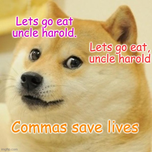Doge Meme | Lets go eat uncle harold. Lets go eat, uncle harold; Commas save lives | image tagged in memes,doge | made w/ Imgflip meme maker