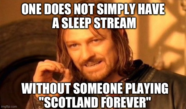 Scotland forever | ONE DOES NOT SIMPLY HAVE
 A SLEEP STREAM; WITHOUT SOMEONE PLAYING
"SCOTLAND FOREVER" | image tagged in memes,one does not simply | made w/ Imgflip meme maker