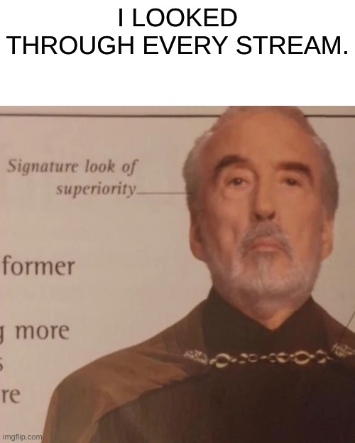 Signature Look of superiority | I LOOKED THROUGH EVERY STREAM. | image tagged in signature look of superiority | made w/ Imgflip meme maker