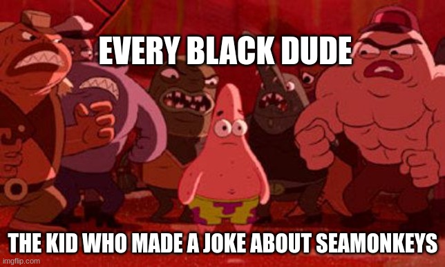 oh no | EVERY BLACK DUDE; THE KID WHO MADE A JOKE ABOUT SEAMONKEYS | image tagged in patrick star crowded,wtf | made w/ Imgflip meme maker