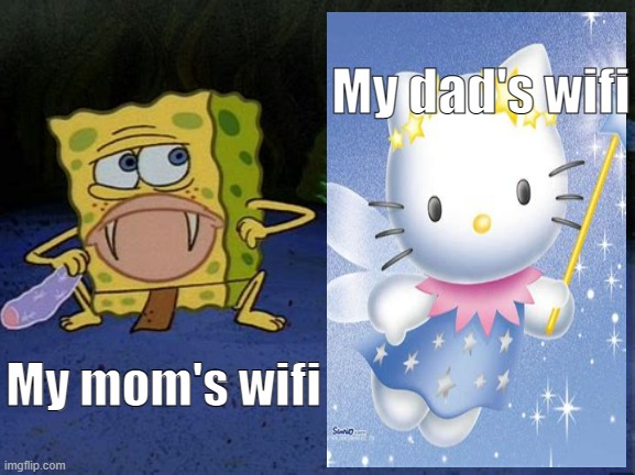 My dad's wifi; My mom's wifi | image tagged in spongebob,hello kitty,my life | made w/ Imgflip meme maker