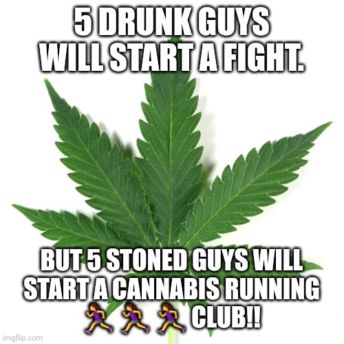 Marijuana leaf | 5 DRUNK GUYS WILL START A FIGHT. BUT 5 STONED GUYS WILL START A CANNABIS RUNNING 🏃‍♀️ 🏃‍♀️ 🏃‍♀️ CLUB!! | image tagged in marijuana leaf | made w/ Imgflip meme maker
