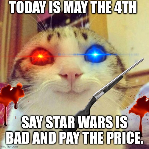 Smiling Cat Meme | TODAY IS MAY THE 4TH; SAY STAR WARS IS BAD AND PAY THE PRICE. | image tagged in memes,smiling cat,may the 4th | made w/ Imgflip meme maker