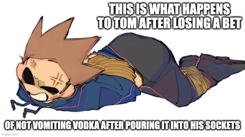 Bounded Tom | THIS IS WHAT HAPPENS TO TOM AFTER LOSING A BET; OF NOT VOMITING VODKA AFTER POURING IT INTO HIS SOCKETS | image tagged in tom,eddsworld,memes | made w/ Imgflip meme maker