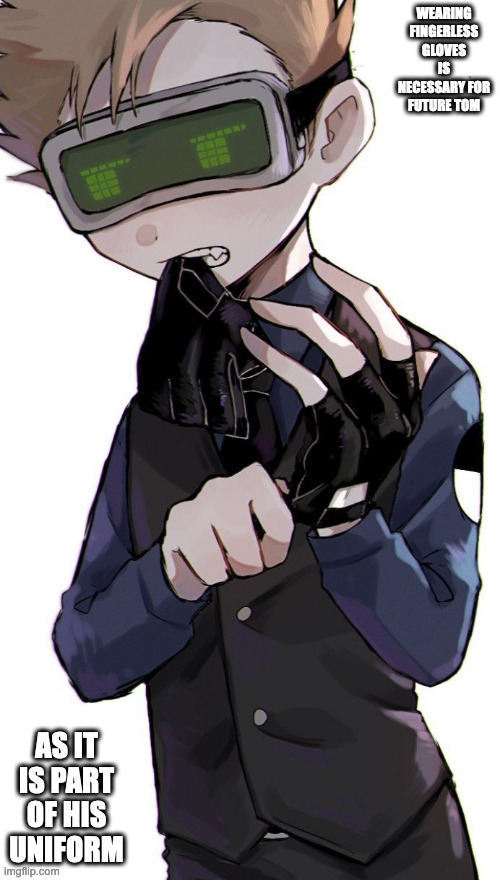 Future Tom With Fingerless Gloves | WEARING FINGERLESS GLOVES IS NECESSARY FOR FUTURE TOM; AS IT IS PART OF HIS UNIFORM | image tagged in tom,eddsworld,memes | made w/ Imgflip meme maker