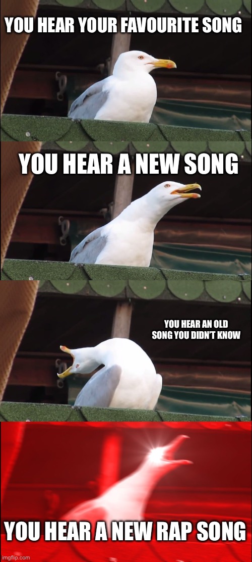 You hear a song | YOU HEAR YOUR FAVOURITE SONG; YOU HEAR A NEW SONG; YOU HEAR AN OLD SONG YOU DIDN’T KNOW; YOU HEAR A NEW RAP SONG | image tagged in memes,inhaling seagull | made w/ Imgflip meme maker