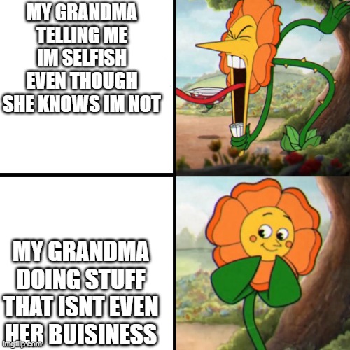 Cuphead Flower | MY GRANDMA TELLING ME IM SELFISH EVEN THOUGH SHE KNOWS IM NOT; MY GRANDMA DOING STUFF THAT ISNT EVEN HER BUISINESS | image tagged in cuphead flower | made w/ Imgflip meme maker