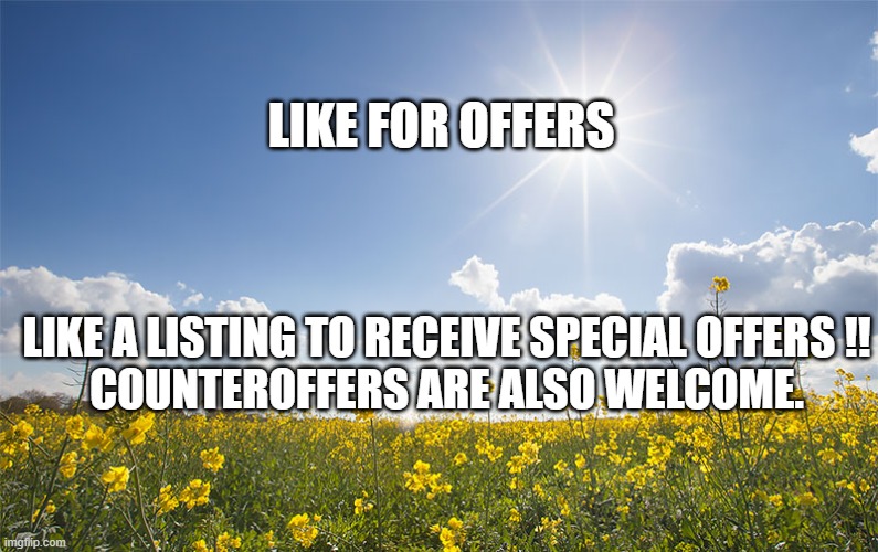 Sunshine | LIKE FOR OFFERS; LIKE A LISTING TO RECEIVE SPECIAL OFFERS !!
COUNTEROFFERS ARE ALSO WELCOME. | image tagged in sunshine | made w/ Imgflip meme maker