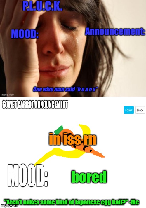 P.L.U.C.K. and soviet-carrot/CommunityModerator12 announcements | in iss rn; bored | image tagged in p l u c k and soviet-carrot/communitymoderator12 announcements | made w/ Imgflip meme maker