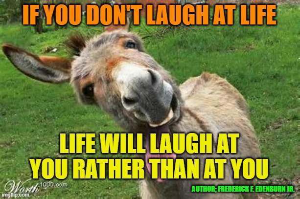 Laughing Donkey | IF YOU DON'T LAUGH AT LIFE; LIFE WILL LAUGH AT YOU RATHER THAN AT YOU; AUTHOR; FREDERICK F. EDENBURN JR. | image tagged in laughing donkey | made w/ Imgflip meme maker