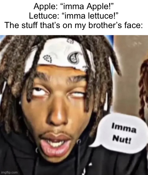 Anti meme or meme? | Apple: “imma Apple!”
Lettuce: “imma lettuce!”
The stuff that’s on my brother’s face: | image tagged in imma nut,obvious joke | made w/ Imgflip meme maker