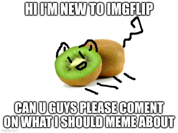 I AM NEW | HI I'M NEW TO IMGFLIP; CAN U GUYS PLEASE COMENT ON WHAT I SHOULD MEME ABOUT | image tagged in kiwi | made w/ Imgflip meme maker