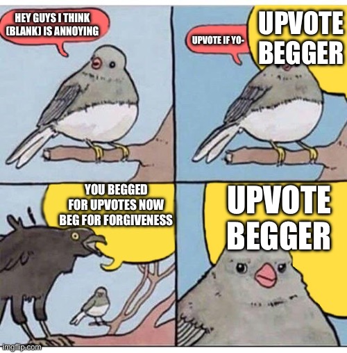 I hate those kind of people | UPVOTE BEGGER; HEY GUYS I THINK (BLANK) IS ANNOYING; UPVOTE IF YO-; YOU BEGGED FOR UPVOTES NOW BEG FOR FORGIVENESS; UPVOTE BEGGER | image tagged in annoyed bird | made w/ Imgflip meme maker