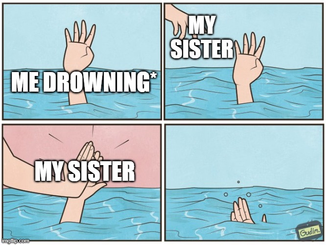 My sister | MY SISTER; ME DROWNING*; MY SISTER | image tagged in high five drown,sisters | made w/ Imgflip meme maker